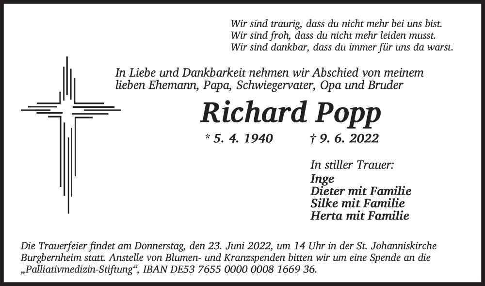  Traueranzeige für Richard Popp vom 21.06.2022 aus Neustadt/ Scheinfeld/ Uffenheim