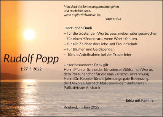 Traueranzeige von Rudolf Popp von Ansbach