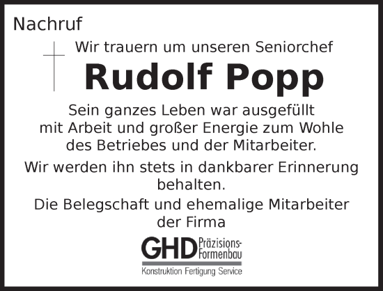 Traueranzeige von Rudolf Popp von Ansbach