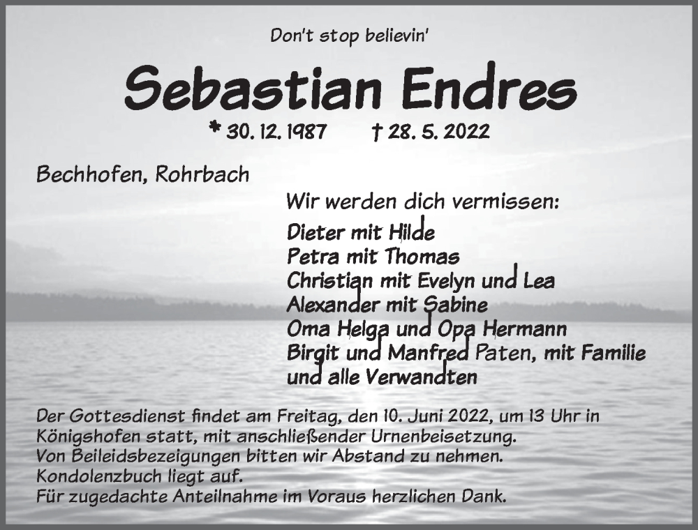  Traueranzeige für Sebastian Endres vom 08.06.2022 aus Dinkelsbühl/ Feuchtwangen