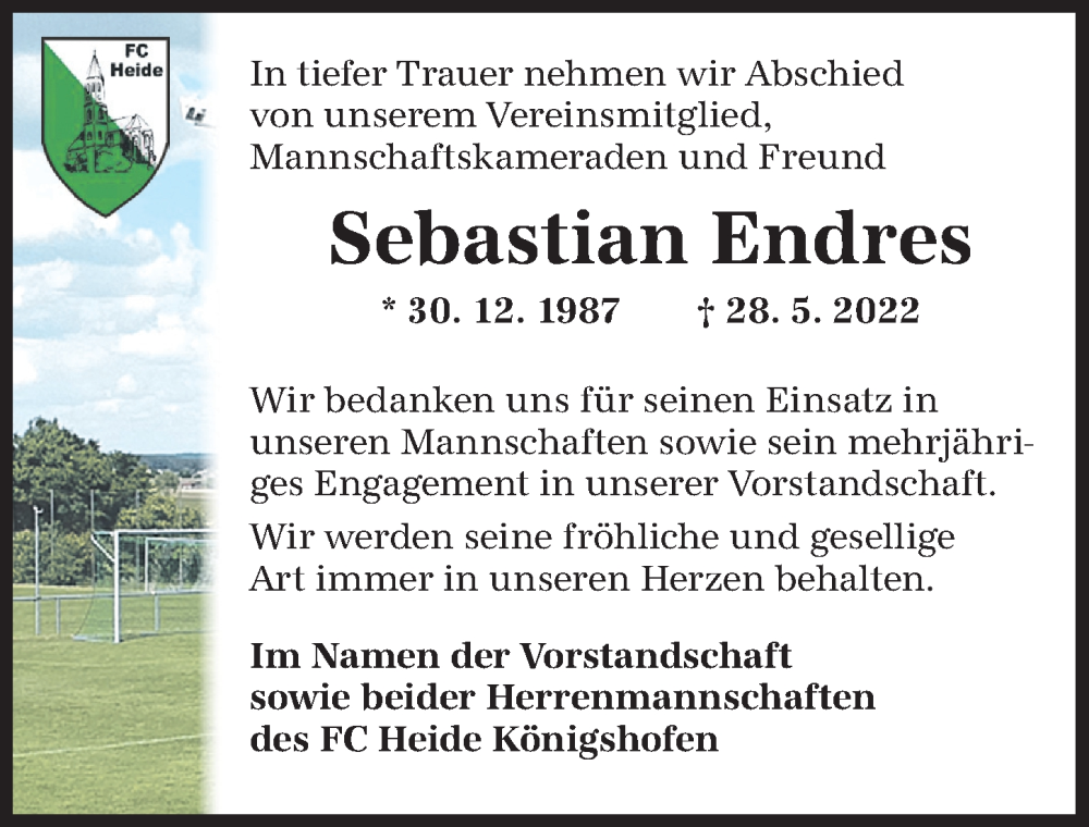  Traueranzeige für Sebastian Endres vom 09.06.2022 aus Dinkelsbühl/ Feuchtwangen