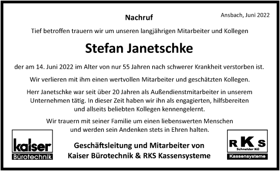 Traueranzeige von Stefan Janetschke von Ansbach