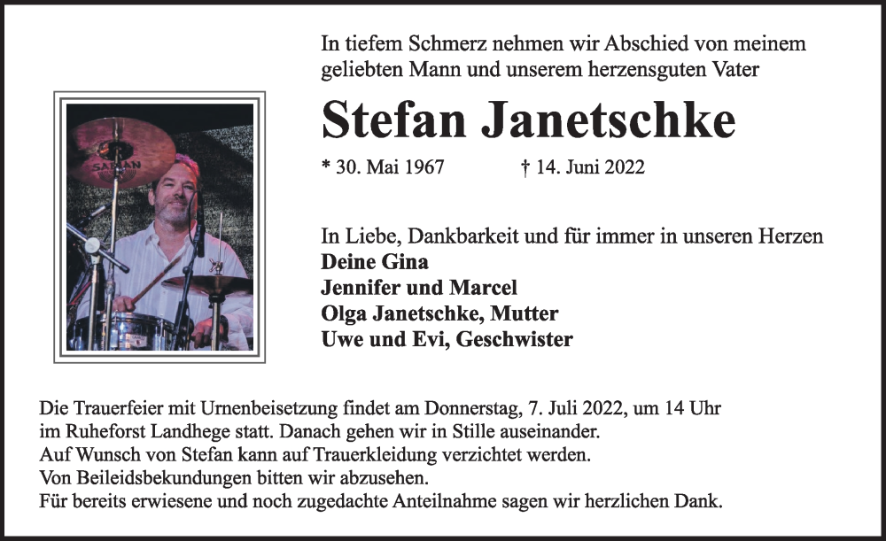  Traueranzeige für Stefan Janetschke vom 22.06.2022 aus Rothenburg