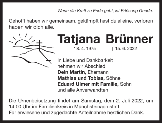 Traueranzeige von Tatjana Brünner von Neustadt/ Scheinfeld/ Uffenheim