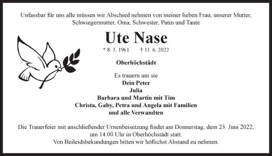 Traueranzeige von Ute Nase von Neustadt/ Scheinfeld/ Uffenheim