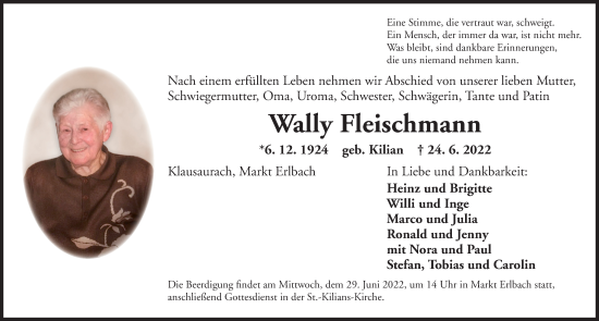 Traueranzeige von Wally Fleischmann von Neustadt/ Scheinfeld/ Uffenheim