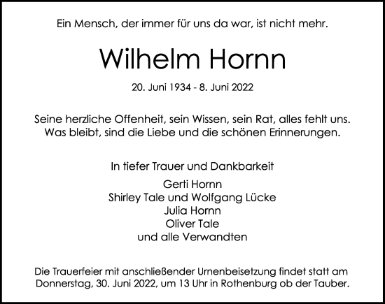 Traueranzeige von Wilhelm Hornn von Rothenburg