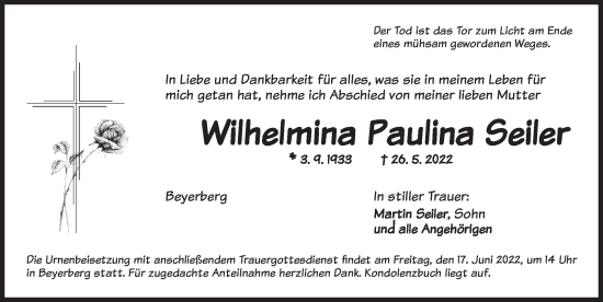 Traueranzeige von Wilhelmina Paulina Seiler von Dinkelsbühl/ Feuchtwangen