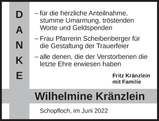 Traueranzeige von Wilhelmine Kränzlein von Dinkelsbühl/ Feuchtwangen