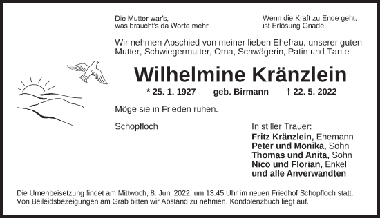 Traueranzeige von Wilhelmine Kränzlein von Dinkelsbühl/ Feuchtwangen