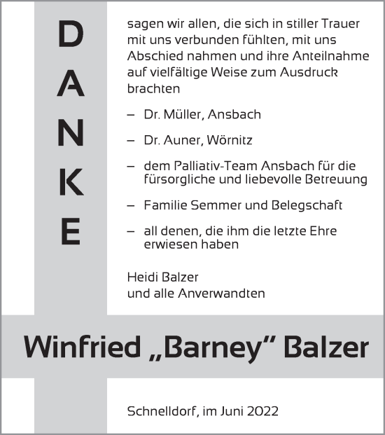 Traueranzeige von Winfried Balzer von Ansbach