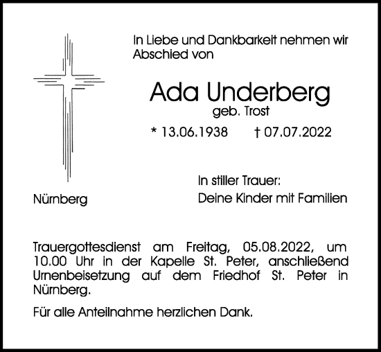 Traueranzeige von Ada Underberg von Ansbach