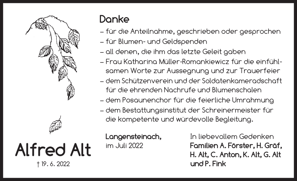  Traueranzeige für Alfred Alt vom 09.07.2022 aus Neustadt/ Scheinfeld/ Uffenheim