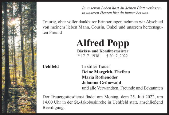 Traueranzeige von Alfred Popp von Neustadt/ Scheinfeld/ Uffenheim