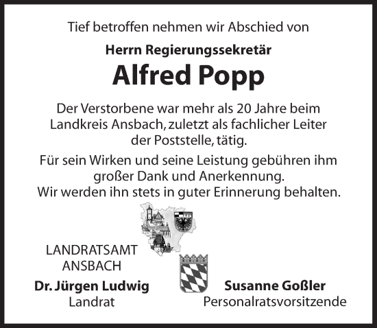 Traueranzeige von Alfred Popp von GE