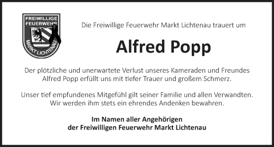 Traueranzeige von Alfred Popp von Ansbach