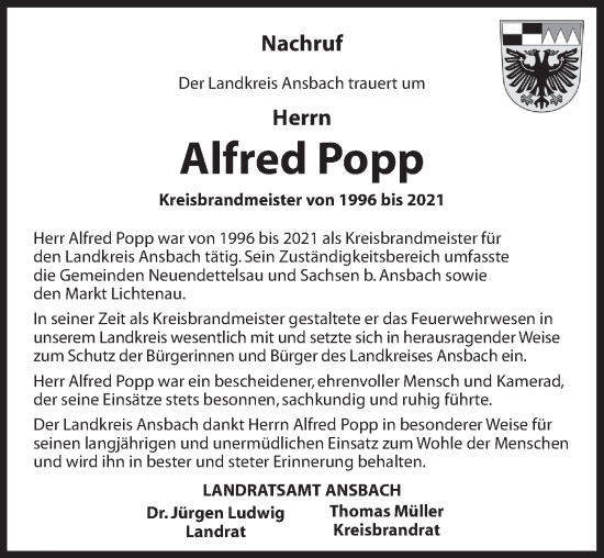 Traueranzeige von Alfred Popp von GE