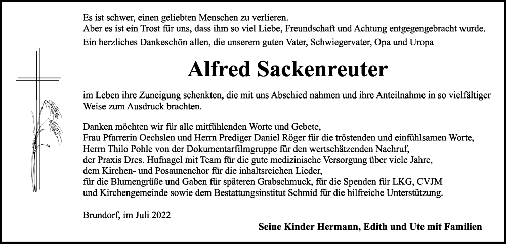  Traueranzeige für Alfred Sackenreuter vom 23.07.2022 aus Rothenburg