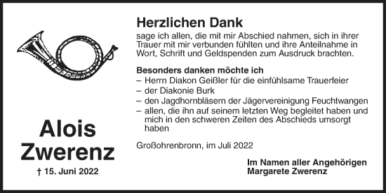 Traueranzeige von Alois Zwerenz von Dinkelsbühl/ Feuchtwangen