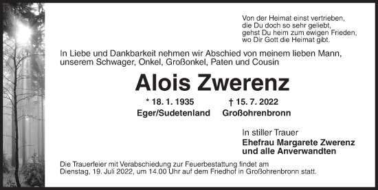 Traueranzeige von Alois Zwerenz von Dinkelsbühl/ Feuchtwangen