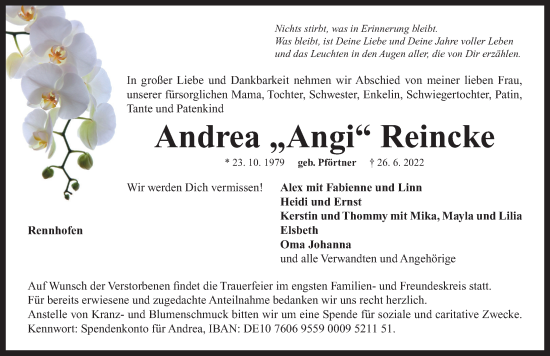 Traueranzeige von Andrea  Reincke von Neustadt/ Scheinfeld/ Uffenheim