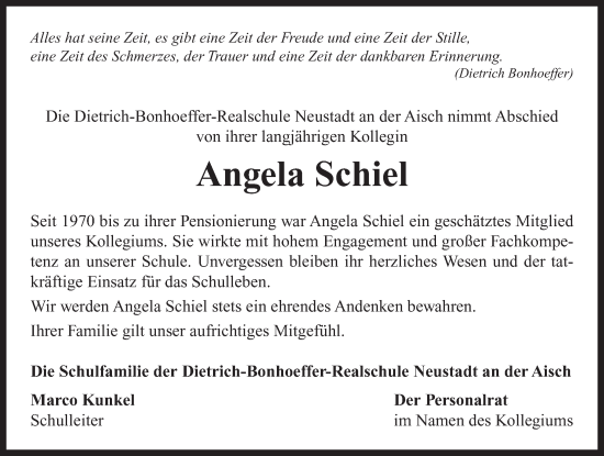 Traueranzeige von Angela Schiel von Neustadt/ Scheinfeld/ Uffenheim