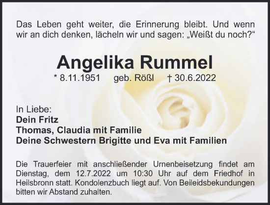 Traueranzeige von Angelika Rummel von Ansbach