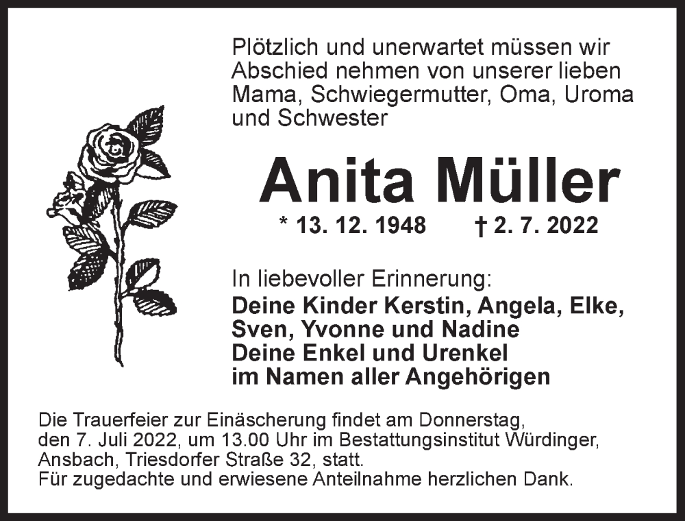  Traueranzeige für Anita Müller vom 05.07.2022 aus Ansbach