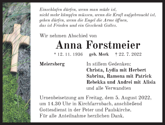 Traueranzeige von Anna Forstmeier von Neustadt/ Scheinfeld/ Uffenheim