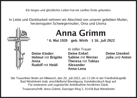 Traueranzeige von Anna Grimm von Neustadt/ Scheinfeld/ Uffenheim