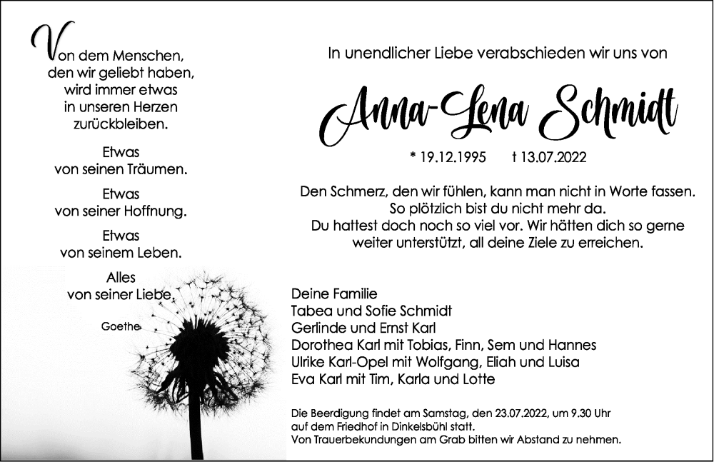  Traueranzeige für Anna-Lena Schmidt vom 22.07.2022 aus Dinkelsbühl/ Feuchtwangen