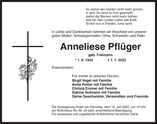 Traueranzeige von Anneliese Pflüger von Neustadt/ Scheinfeld/ Uffenheim