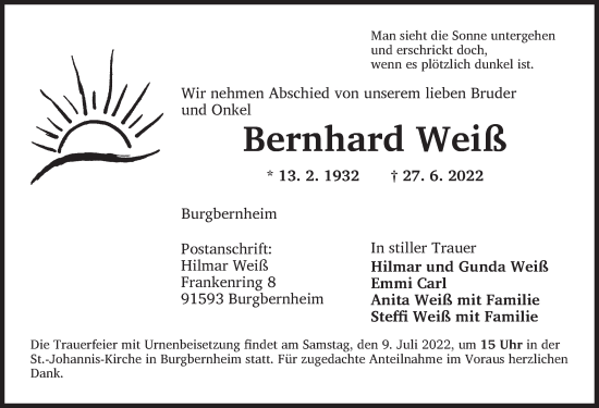 Traueranzeige von Bernhard Weiß von Neustadt/ Scheinfeld/ Uffenheim