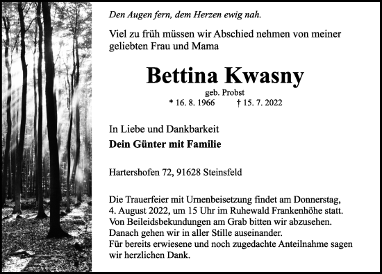 Traueranzeige von Bettina Kwasny von Rothenburg