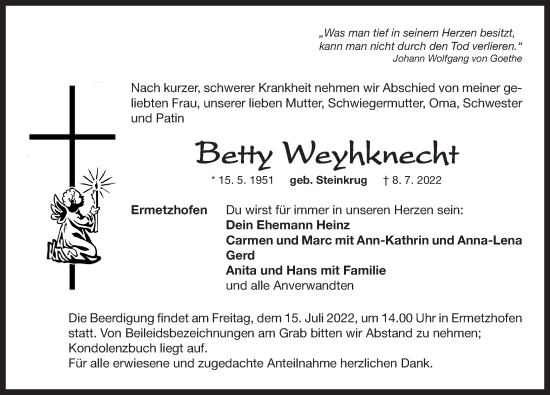 Traueranzeige von Betty Weyhknecht von Neustadt/ Scheinfeld/ Uffenheim