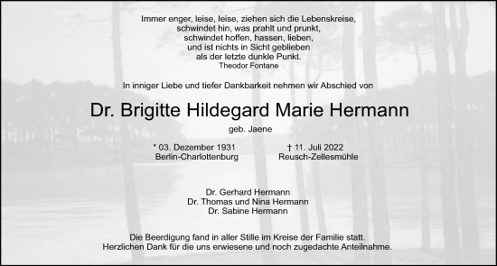 Traueranzeige von Brigitte Hildegard Marie Hermann von Neustadt/ Scheinfeld/ Uffenheim