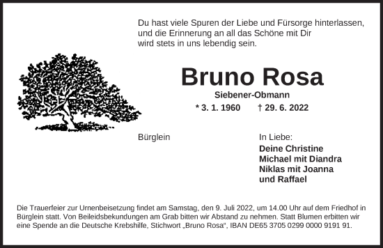 Traueranzeige von Bruno Rosa von Ansbach