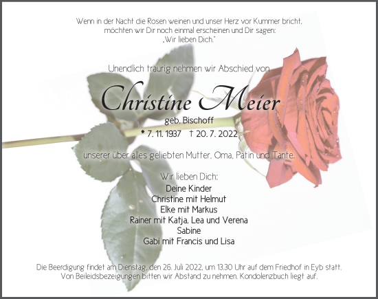 Traueranzeige von Christine Meier von Ansbach