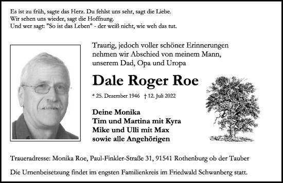 Traueranzeige von Dale Roger Roe von Rothenburg