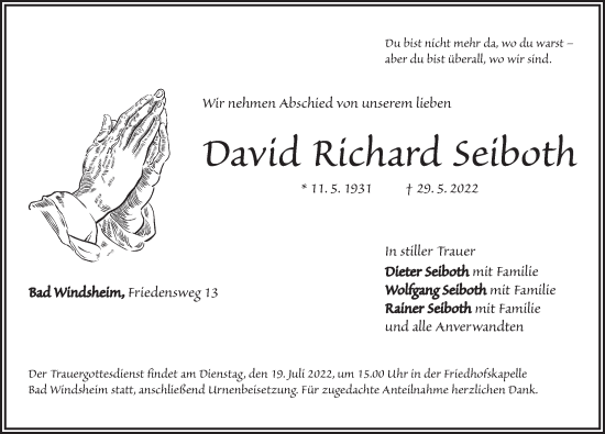 Traueranzeige von David Richard Seiboth von Neustadt/ Scheinfeld/ Uffenheim