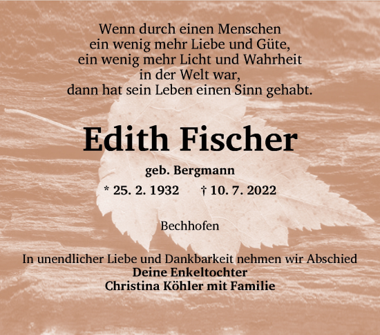 Traueranzeige von Edith Fischer von Ansbach