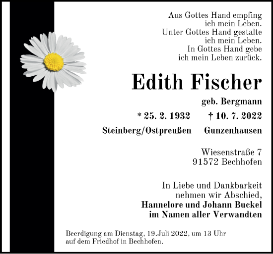 Traueranzeige von Edith Fischer von Ansbach