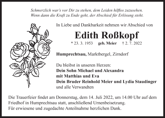 Traueranzeige von Edith Roßkopf von Neustadt/ Scheinfeld/ Uffenheim