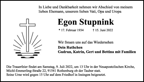 Traueranzeige von Egon Stupnink von Rothenburg