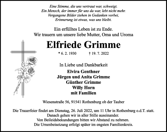 Traueranzeige von Elfriede Grimme von Rothenburg
