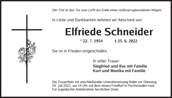 Traueranzeige von Elfriede Schneider von Ansbach