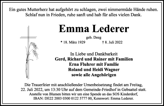 Traueranzeige von Emma Lederer von Rothenburg