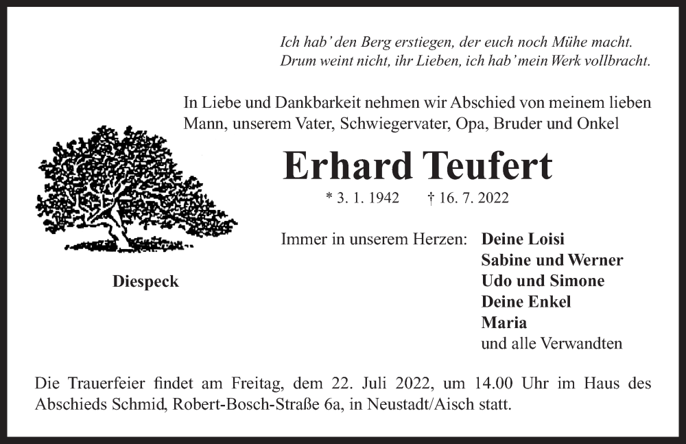  Traueranzeige für Erhard Teufert vom 19.07.2022 aus Neustadt/ Scheinfeld/ Uffenheim