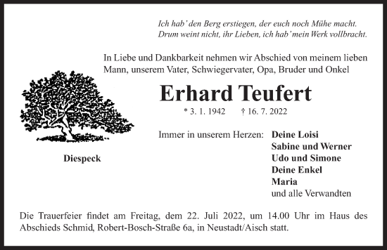 Traueranzeige von Erhard Teufert von Neustadt/ Scheinfeld/ Uffenheim