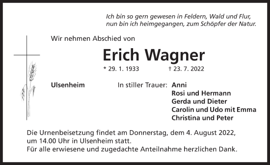 Traueranzeige von Erich Wagner von Neustadt/ Scheinfeld/ Uffenheim